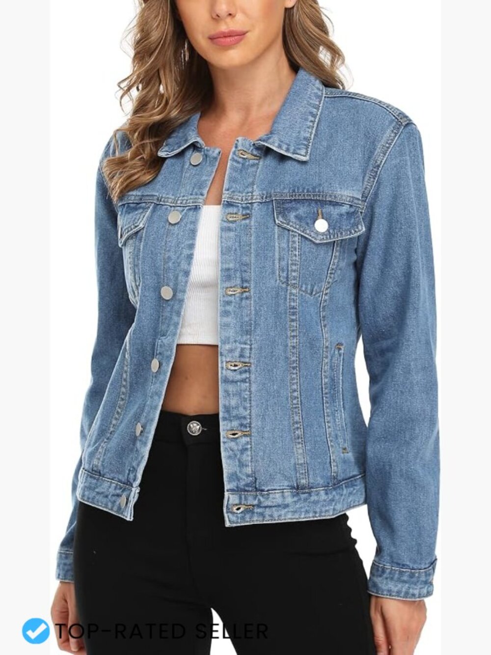 Classic Denim Jacket Women Button Up Long Sleeve Jean Jacket Distressed Vintage